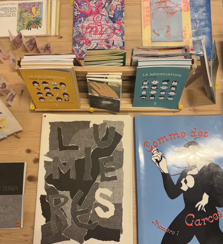 Plan en hauteur de la table centrale mettant en avant les nouveautés de la micro-librairie