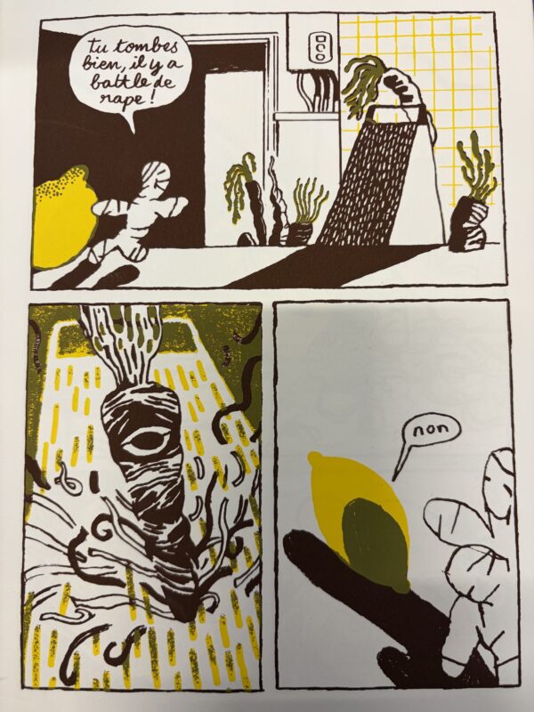 Photo d'une page du fanzine Triston le citron. On y voit des aliments faire une 