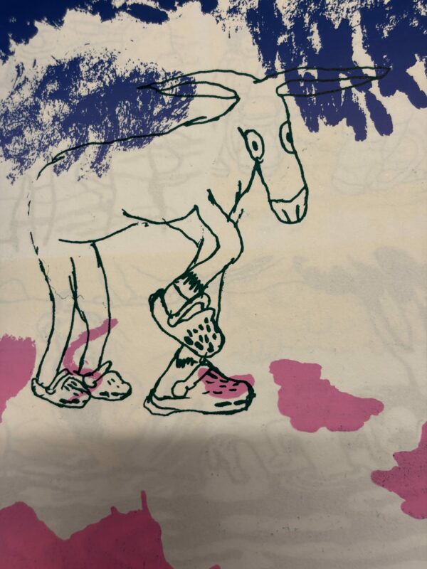 Image exclusive d'une page de Âne, mon âne, ne vois-tu rien venir ?. On y voit un âne en crocs, dessiné en bleu.