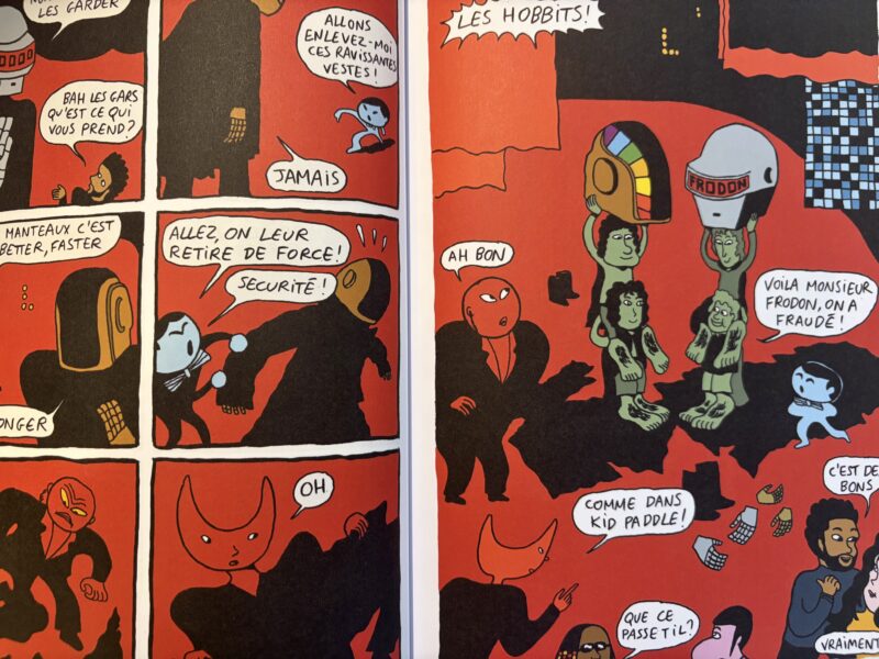 Page exclusive de la revue dans les tons rouges où des hobbits se rendent en boîte de nuit.