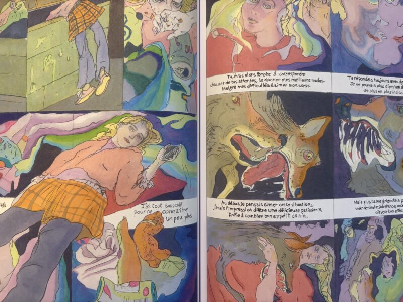 Page exclusive de FRED dans les tons pastel multicolores, ambiance rêveuse, où une femme devient liquide.