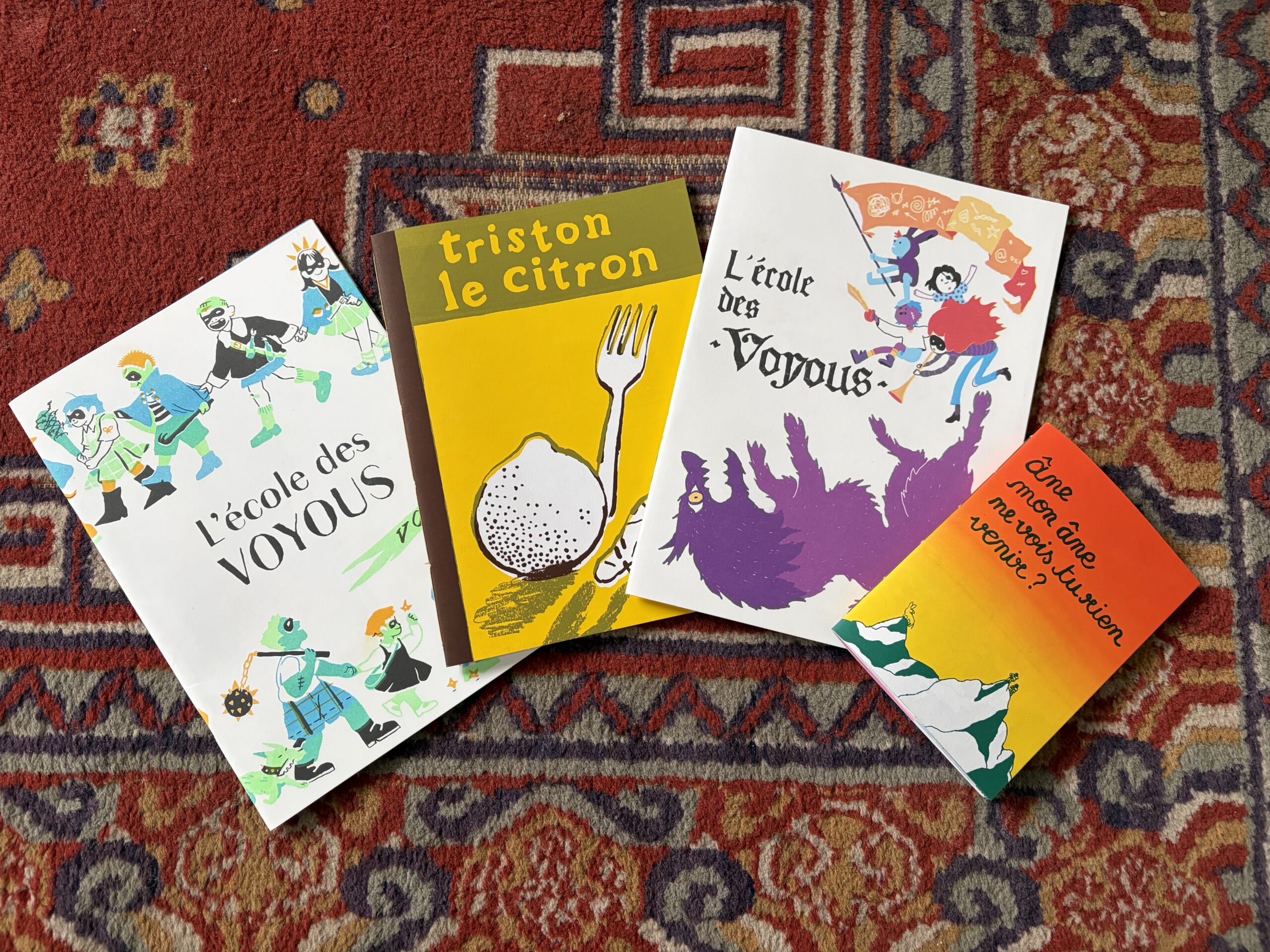 Image globale des ouvrages de L'école des Voyous et du Collectif Dimanche sur un tapis persan. Voir autres photos pour leur description.
